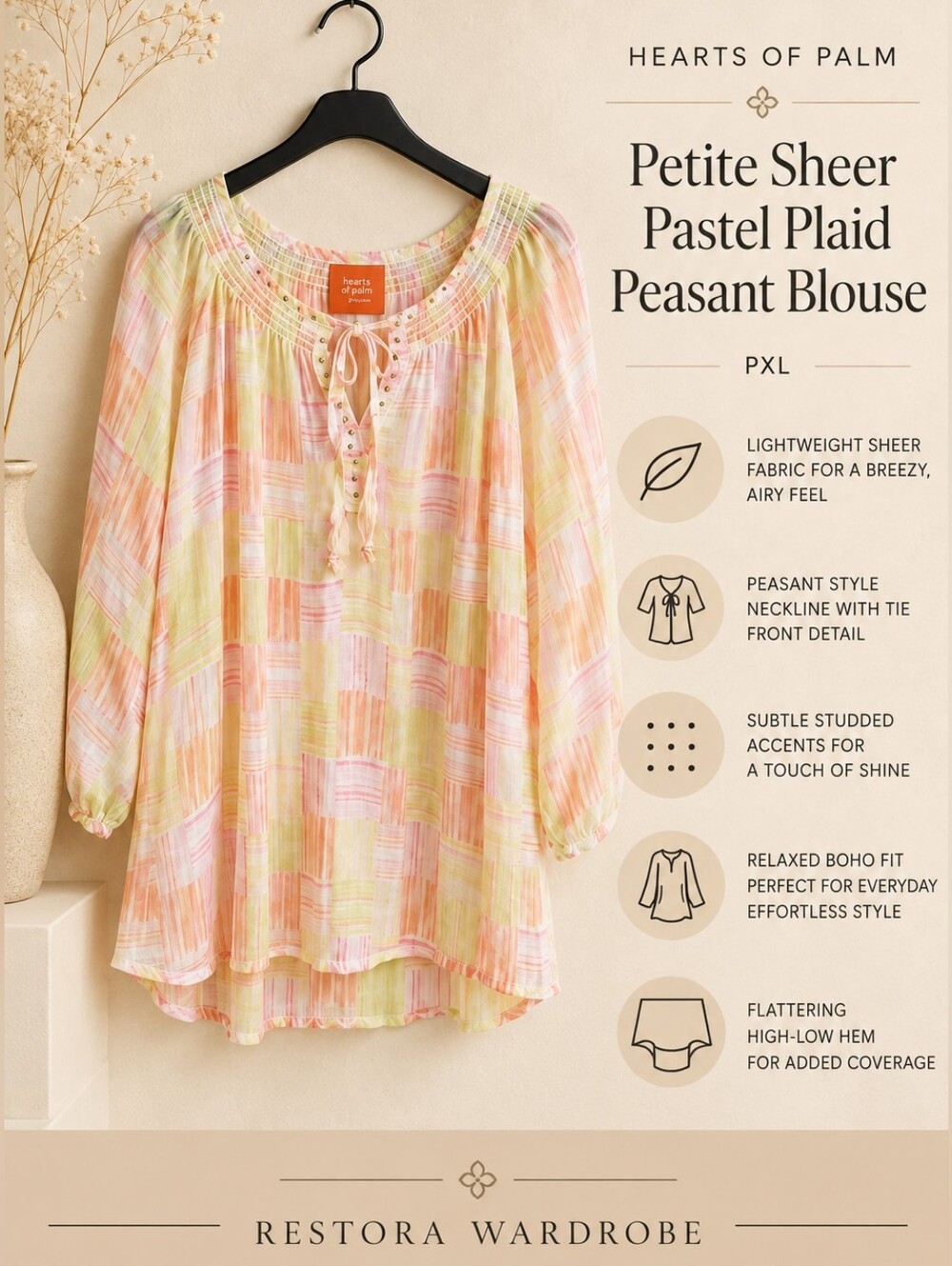 Hearts of Palm Peasant Blouse Pastel Plaid Sheer Tie Neck Petite XL Boho